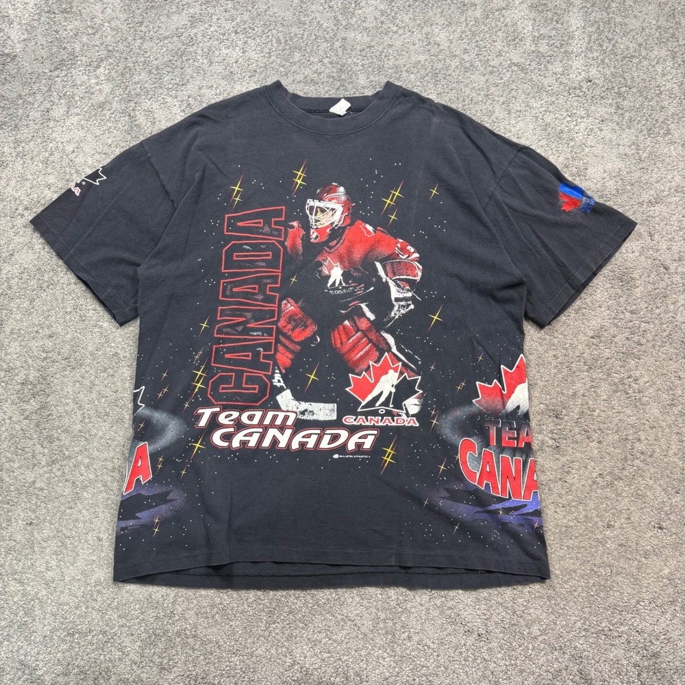 Vintage Bulletin Athletic Team Canada AOP Hockey Shirt Black OSFA 90s Goalie